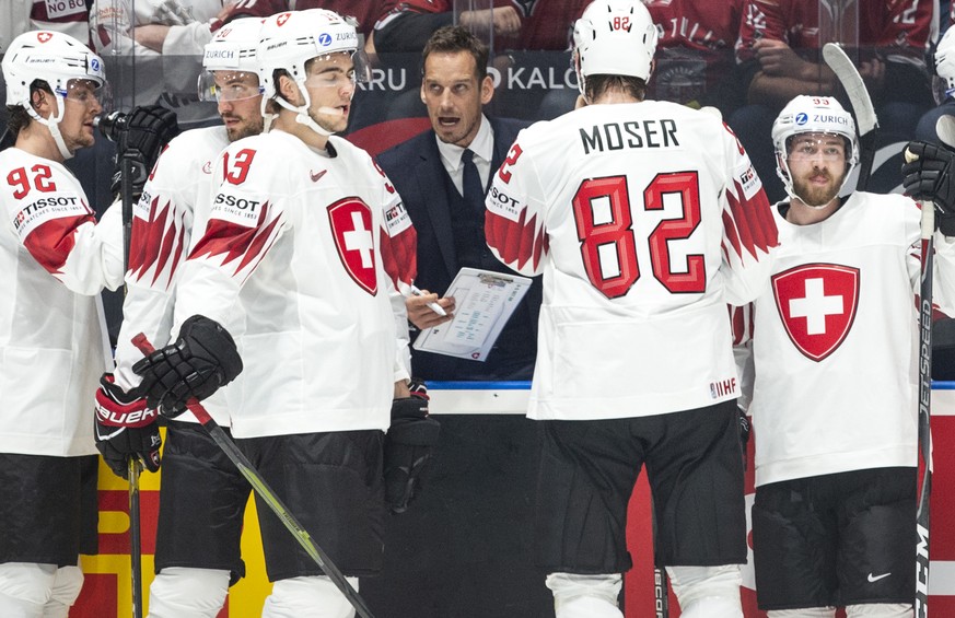 Switzerland`s coach Patrick Fischer during the game between Latvia and Switzerland, at the IIHF 2019 World Ice Hockey Championships, at the Ondrej Nepela Arena in Bratislava, Slovakia, on Sunday, May  ...