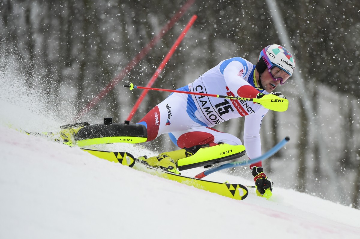 Switzerland's Daniel Yule speeds down the course during an alpine ski, men's World Cup slalom, in Chamonix, Saturday, Jan. 30, 2021. (AP Photo/Marco Tacca)