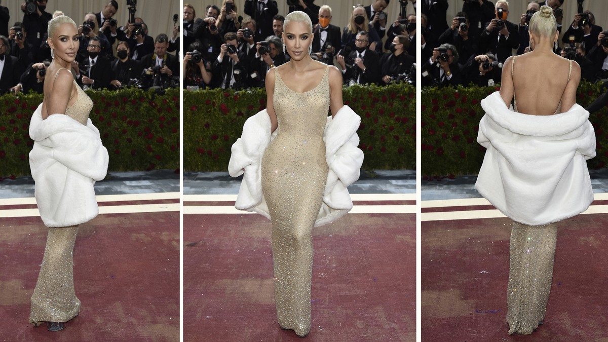 In this combination photo, Kim Kardashian attends The Metropolitan Museum of Art's Costume Institute benefit gala celebrating the opening of the "In America: An Anthology of Fashion" ex ...
