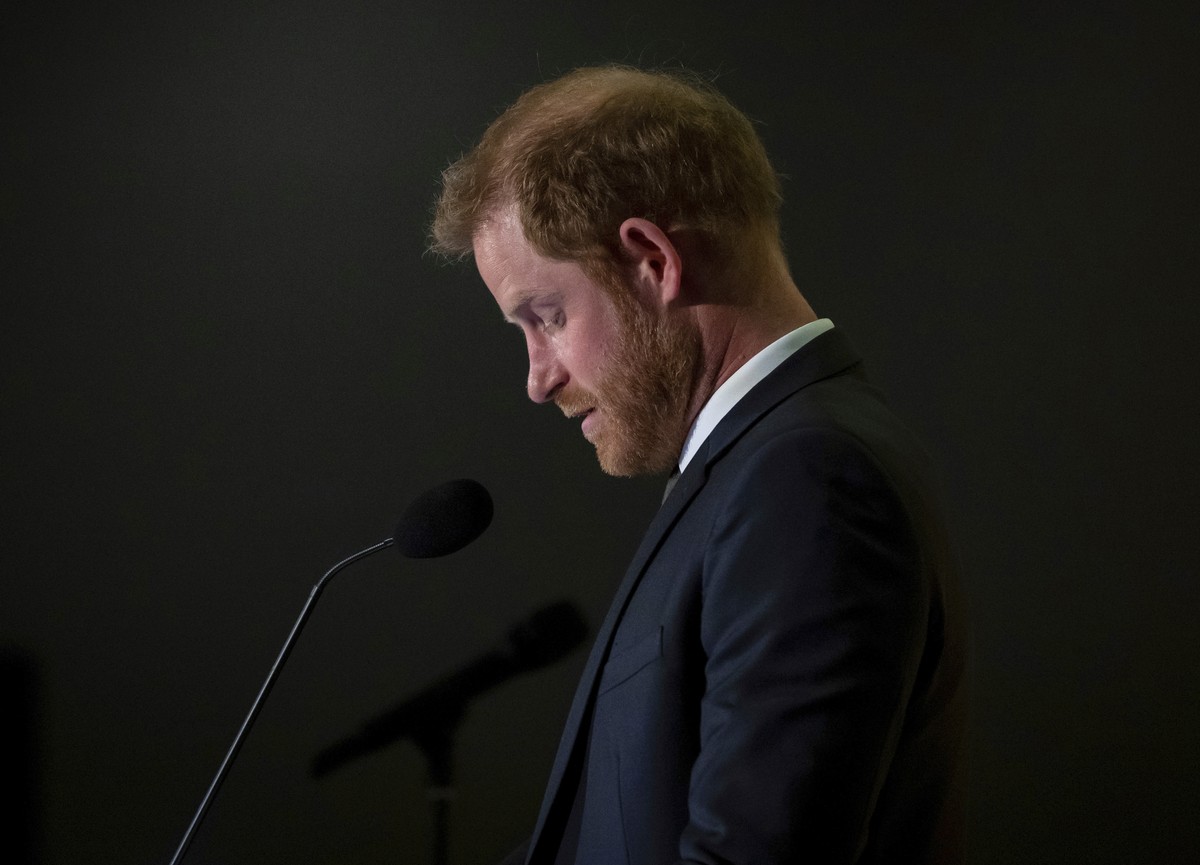 Prince Harry speaks during the "One Year to Go" Invictus Games dinner in Vancouver, British Columbia, Friday, Feb. 16, 2024. (Ethan Cairns/The Canadian Press via AP)