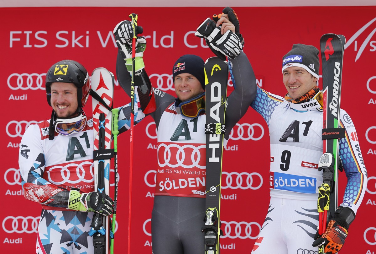 From left, Austria's Marcel Hirscher, second placed, France's Alexis Pinturault, the winner, and Germany's Felix Neureuther, third, celebrate on podium after an alpine ski, men's W ...