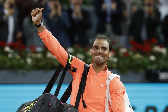 epa11311365 Spanish tennis player Rafa Nadal reacts after his round of 16 match against Jiri Lehecka of Czech Republic at the Madrid Open tennis tournament in Madrid, Spain, 30 April 2024. EPA/Chema M ...