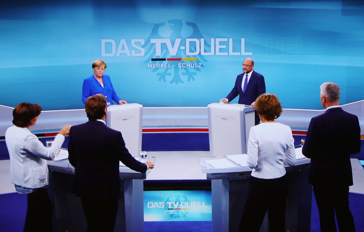 Screenshot des TV-Duellls zwischen der Bundeskanzlerin und CDU-Vorsitzenden Angela Merkel und dem SPD-Kanzlerkandidaten und SPD-Vorsitzenden Martin Schulz am 03.09.2017 in Berlin. Das einzige TV-Duell ...