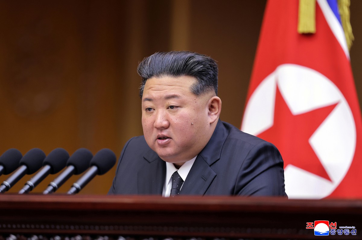 epa12397003 An undated photo released by the official North Korean Central News Agency (KCNA) shows North Korean Leader Kim Jong Un speaking during the 13th Session of the 14th Supreme People's A ...