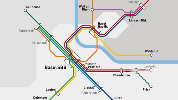 So könnte das trinationale S-Bahn-Netz 2040 inklusive «Herzstück»-Tunnel aussehen.