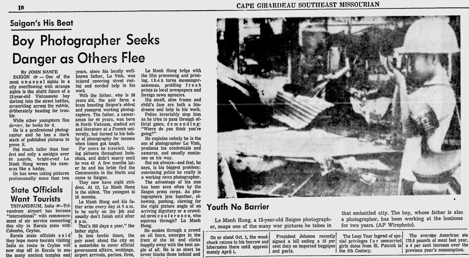 Zeitungsartikel über Lo Manh Hung in The Southeast Missourian, 14. Februar 1968.