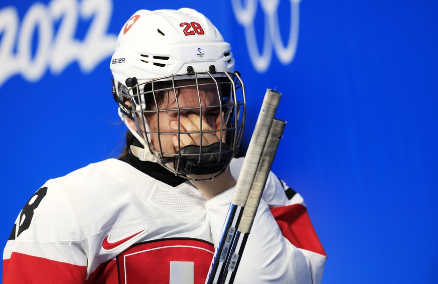 epa09762725 Alina Marti of Switzerland leaves after the Women&#039;s Ice Hockey bronze medal match between Finland and Switzerland at the Beijing 2022 Olympic Games, Beijing, China, 16 February 2022.  ...