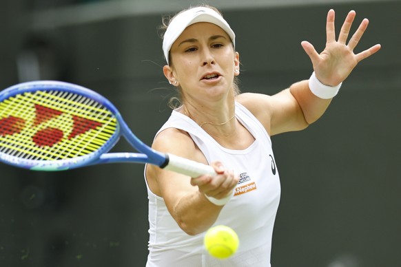 epa12222063 Belinda Bencic of Switzerland in action during the Women&#039;s Singles Fourth Round match against Ekaterina Alexandrova of Russia at the Wimbledon Championships, Wimbledon, Britain, 07 Ju ...