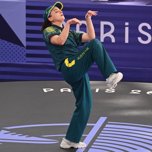 OLY24 BREAKING, Australian breaker Rachael Gunn, also known as Raygun, during the B-Girls Round Robin breaking competition at La Concorde Urban Park in Paris, as part of the 2024 Paris Olympic Games,  ...