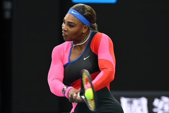 epa09015509 Serena Williams of the United States in action during her Quarter finals Women&#039;s singles match against Simona Halep of Romania on Day 9 of the Australian Open at Melbourne Park in Mel ...