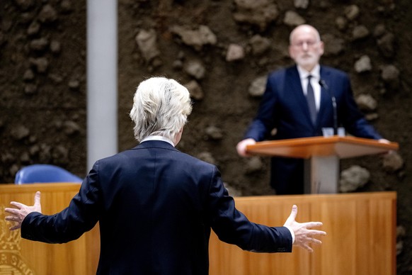 epa11942884 Frans Timmermans (R) of GroenLinks-PvdA and Geert Wilders (L) of the PVV attend a debate in the House of Representatives in The Hague, The Netherlands, 05 March 2025, regarding the state o ...
