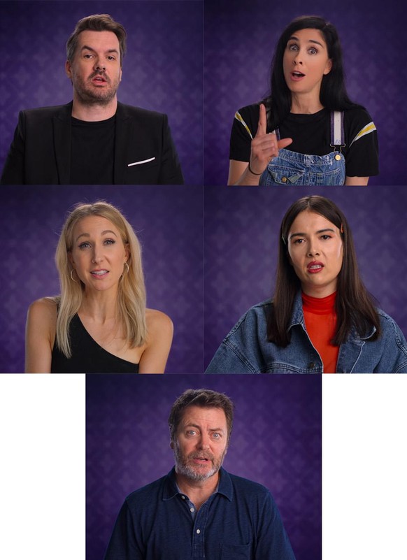 Jim Jeffries, Sarah Silverman, Nikki Glaser, Patti Harrison und Nick Offerman in der Netflix-Serie Die Geschichte der Schimpfwörter.