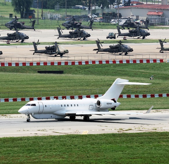 epa13176665 An Athena-R reconnaissance aircraft prepares to take off from US Army's Camp Humphreys, near Pyeongtaek, South Korea, 18 August 2026. In a social media post on August 16, US President ...