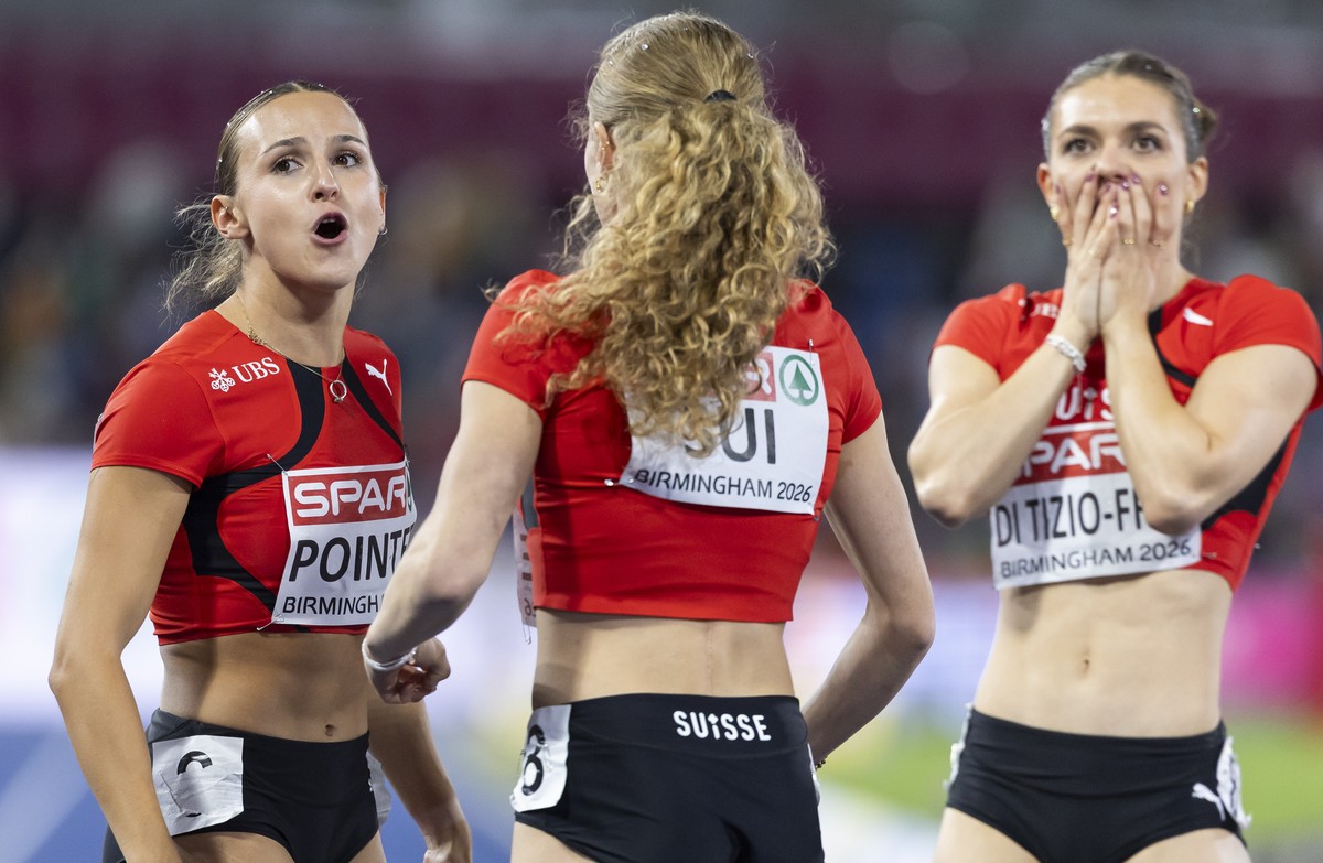 From left, silver medalist Leonie Pointet, Fabienne Hoenke, Geraldine Di Tizio-Frey, of Switzerland react during the women's 4x100 meters relay final at the European Athletics Championships, in t ...