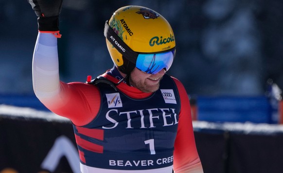 Switzerland's Niels Hintermann reacts after his run during a World Cup men's downhill skiing race, Thursday, Dec. 4, 2025, in Beaver Creek, Colo. (AP Photo/John Locher)
US World Cup Downhill ...