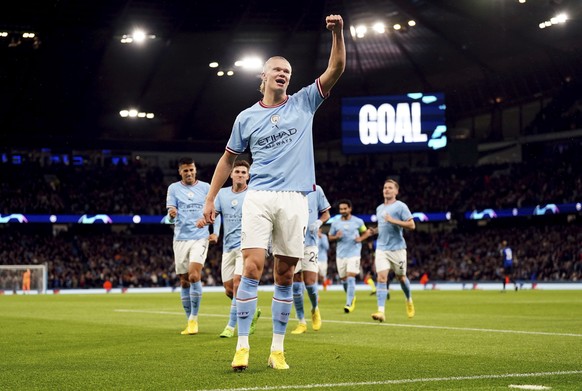 Manchester City&#039;s Erling Haaland celebrates after scoring his side&#039;s opening goal during the Champions League soccer match between Manchester City and FC Copenhagen at the Etihad stadium in  ...