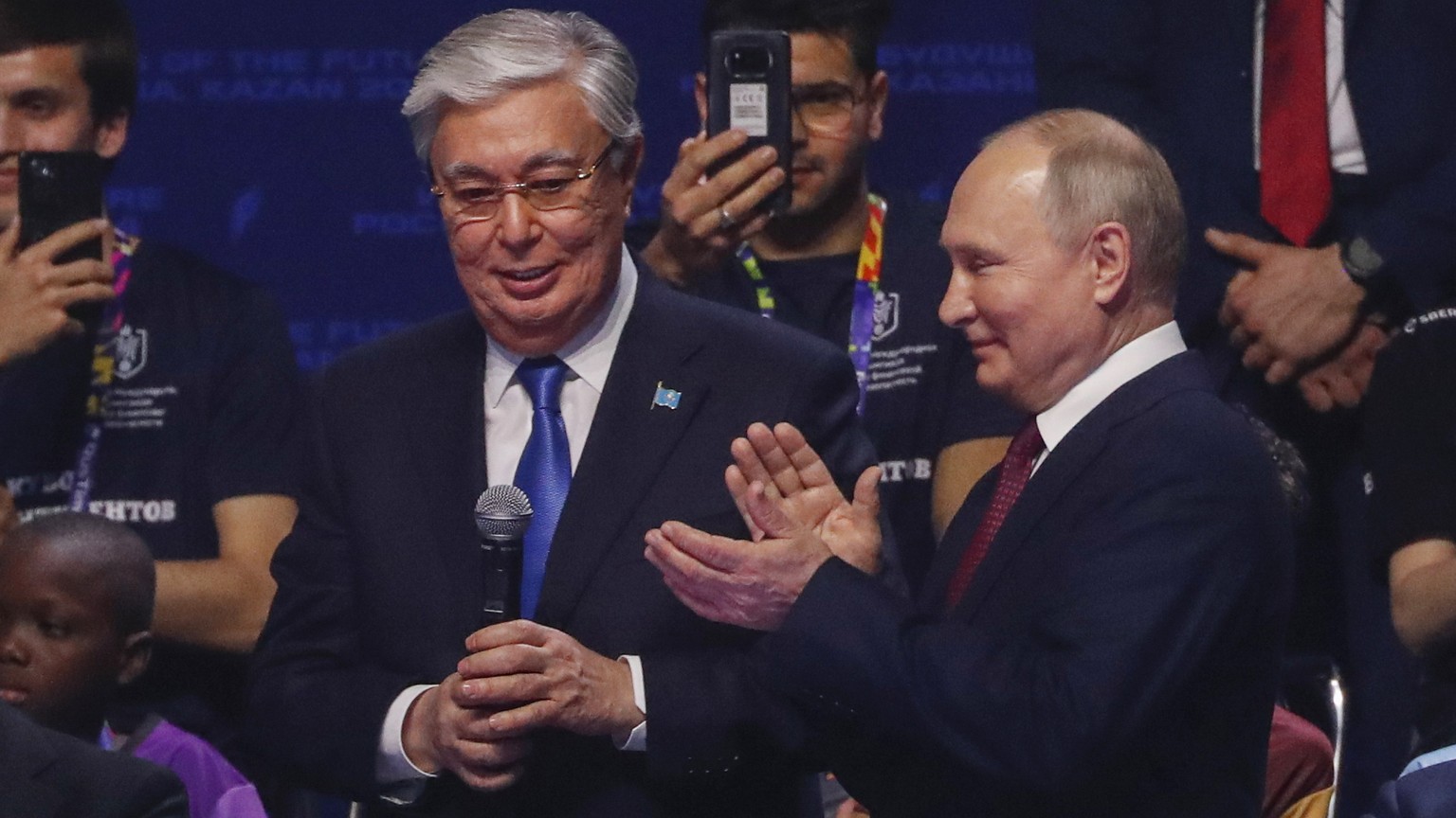 epa11170496 (L-R) Kyrgyz President Sadyr Japarov, Kazakh President Kassym-Jomart Tokayev, Russian President Vladimir Putin, and Belarusian President Alexander Lukashenko attend the opening ceremony fo ...