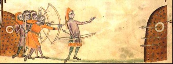 Englische Langbogenschützen bei einer Schiessübung (1325).