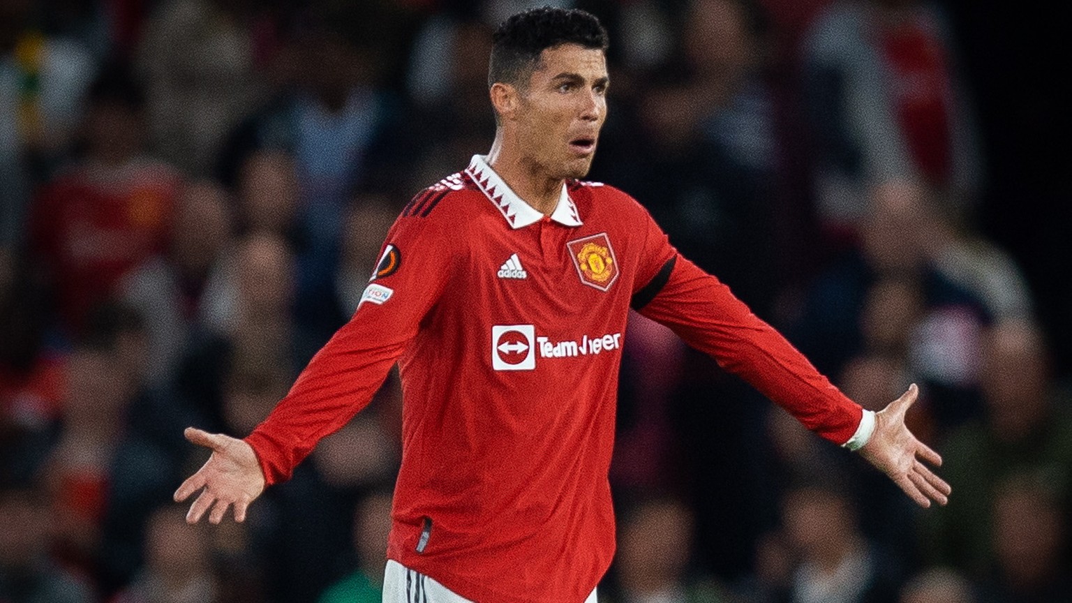 epa10171649 Manchester United&#039;s Cristiano Ronaldo reacts during the UEFA Europa League group E soccer match between Manchester United and Real Sociedad held in Manchester, Britain, 08 September 2 ...