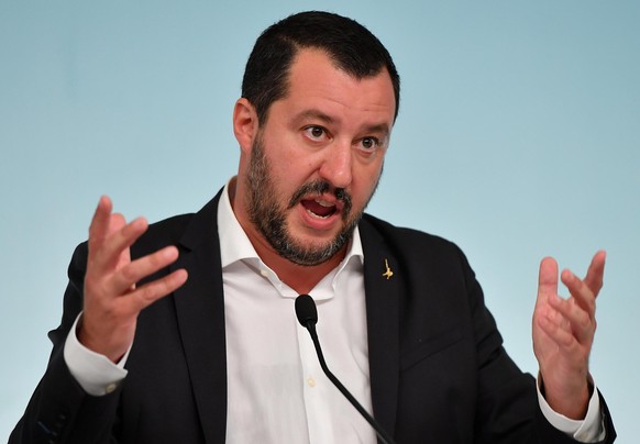 Interior Minister Matteo Salvini speaks during a press conference in Rome, Monday, Sept. 24, 2018. Italy's populist government is making it harder for migrants to be approved for humanitarian protecti ...