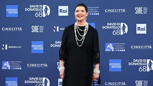epa10619780 Italian actress Isabella Rossellini poses for photos during the photocall on the occasion of the 2023 David di Donatello award ceremony at the Rai Italian Television studios in in Rome, It ...