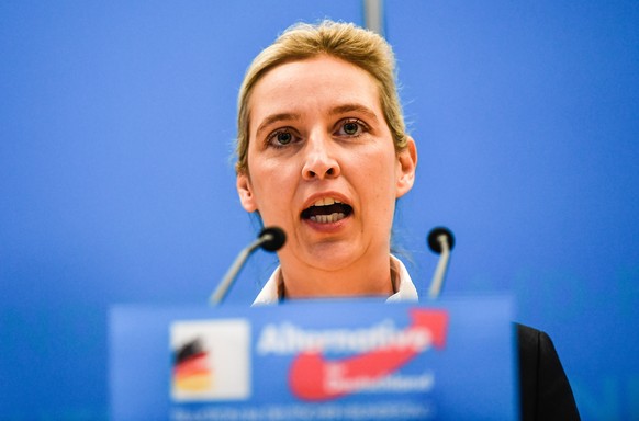 epa07286805 Alternative fuer Deutschland (AfD) party faction co-chairwoman in the German parliament Bundestag Alice Weidel speaks during a press conference in Berlin, Germany, 15 January 2019. Right p ...