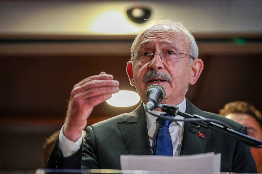 epa10506564 A handout photo made available by the Republican People?s Party (CHP) press office, shows Turkish, main opposition Republican People?s Party (CHP) leader Kemal Kilicdaroglu speaking to the ...