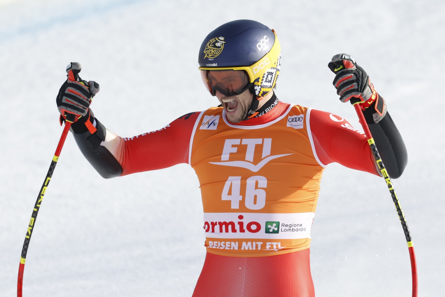 Switzerland&#039;s Marco Kohler reacts after completing an alpine ski, men&#039;s World Cup Super G race, in Bormio, Italy, Friday, Dec. 29, 2023. (AP Photo/Alessandro Trovati)