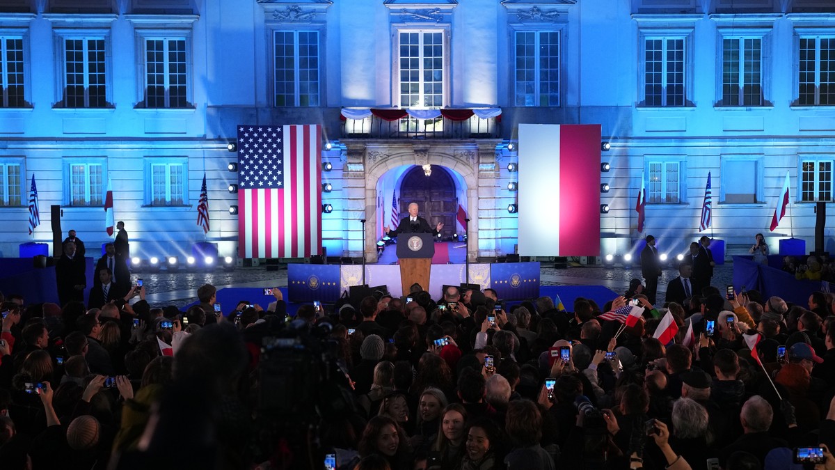 U.S. President Joe Biden delivers a speech at the Royal Castle in Warsaw, Poland, Saturday, March 26, 2022. Biden is in Poland for the final leg of his four-day trip to Europe as he tries to maintain  ...