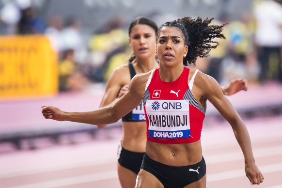 Mujinga Kambundji from Switzerland in action during the women&#039;s 100 meters qualification round at the IAAF World Athletics Championships, at the Khalifa International Stadium, in Doha, Qatar, Sat ...