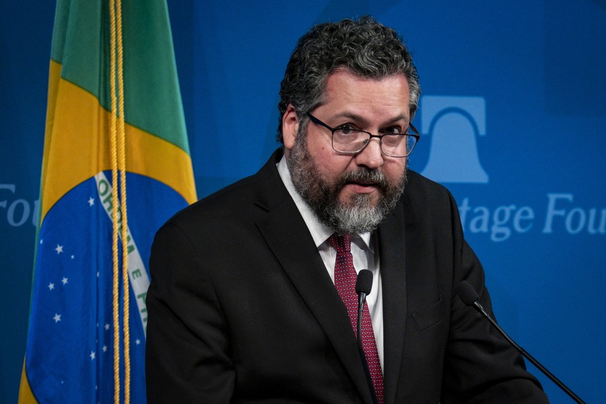 epa07835988 Brazilian foreign minister Ernesto Araujo talks about President Jair Bolsonaro&#039;s policies and new &#039;strategic relations&#039; with the United States during an address to the Herit ...
