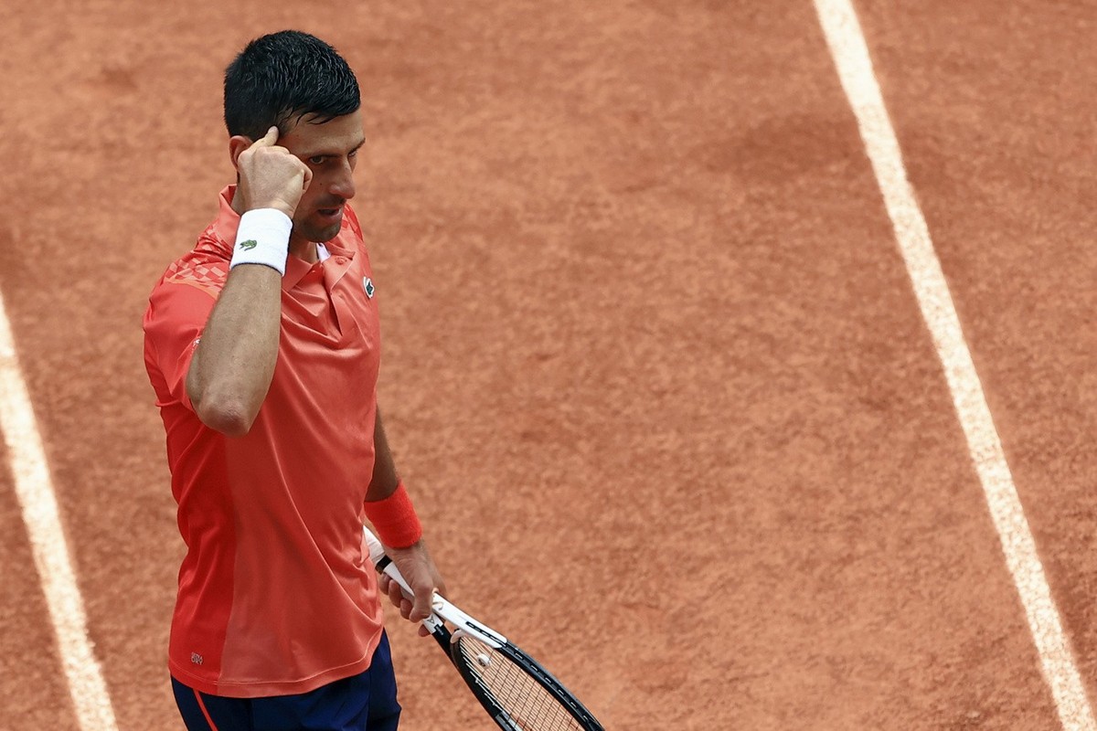 Serbia's Novak Djokovic reacts during his final match of the French Open tennis tournament against Norway's Casper Ruud at the Roland Garros stadium in Paris, Sunday, June 11, 2023. (AP Phot ...