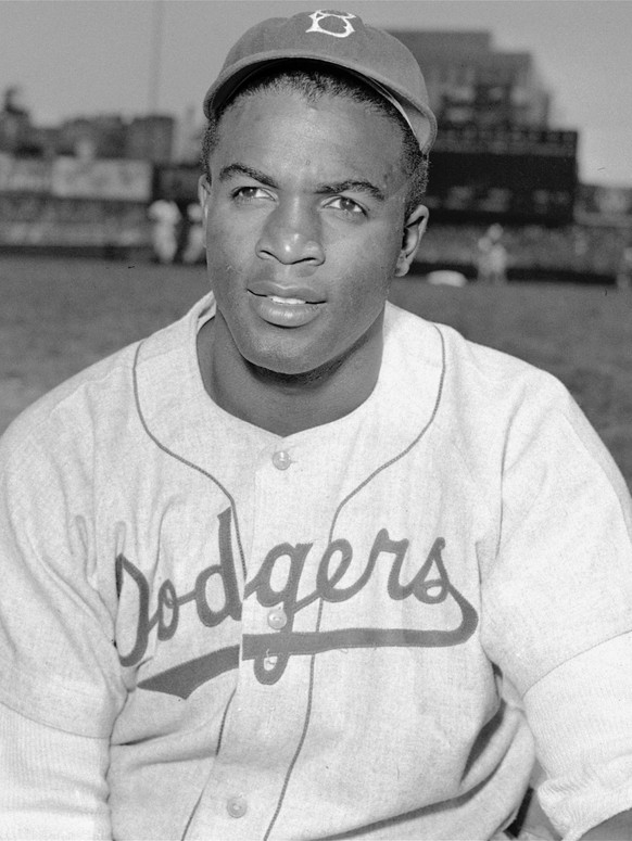 FILE - Brooklyn Dodgers&#039; infielder Jackie Robinson is photographed on April 18, 1948. Metalsmiths in Colorado are remaking Robinson in bronze after the theft of a beloved Kansas statue of the civ ...