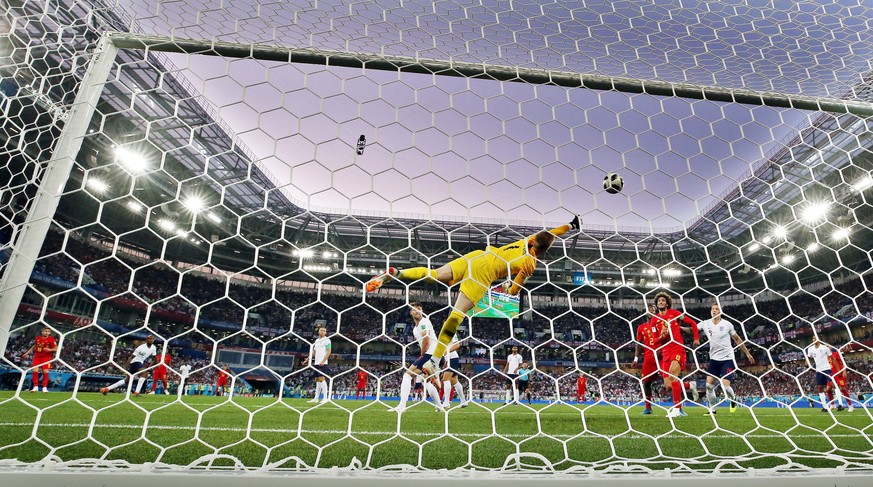 epa06848451 Goalkeeper Jordan Pickford of England is beaten by Adnan Januzaj (far left) of Belgium as Belgium go 1-0 during the FIFA World Cup 2018 group G preliminary round soccer match between Engla ...