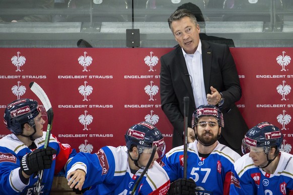 Zug&#039;s Head Coach Harold Kreis during the Champions Hockey League round of 8 match between Switzerland&#039;s EV Zug and Czech Republic&#039;s Kometa Brno, in Zug, Switzerland, on Tuesday, Novembe ...