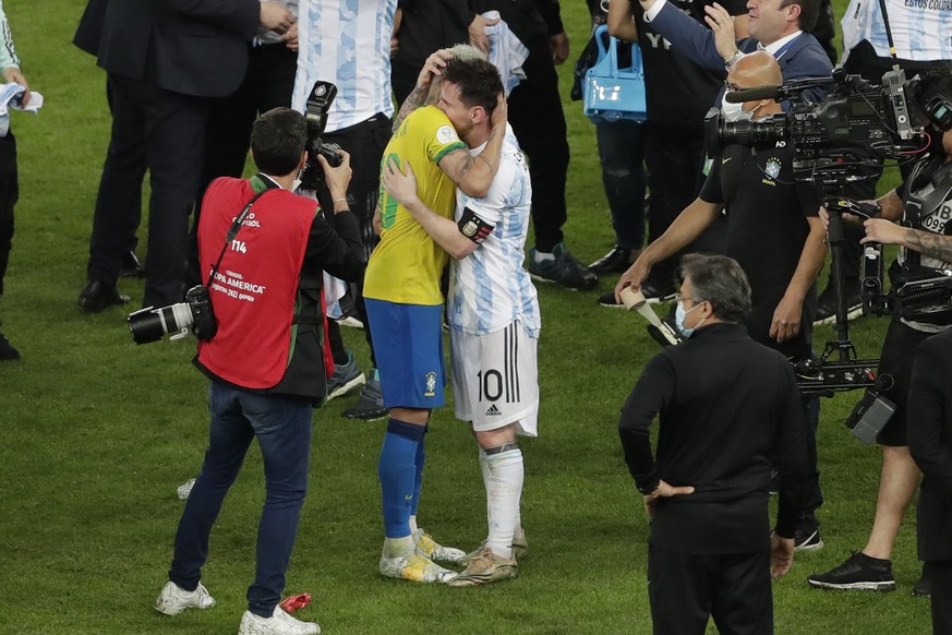 Brazil&#039;s Neymar, left, embraces Argentina&#039;s Lionel Messi at the end of the Copa America final soccer match at Maracana stadium in Rio de Janeiro, Brazil, Saturday, July 10, 2021. Argentina w ...