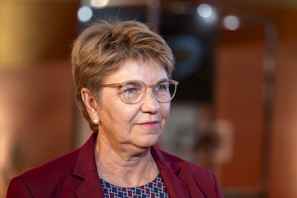 Switzerland&#039;s President Viola Amherd talks to reporter of the agency Keystone SDA ATS following closed of the celebration of CERN?s 70th anniversary, at the European Organization for Nuclear Rese ...