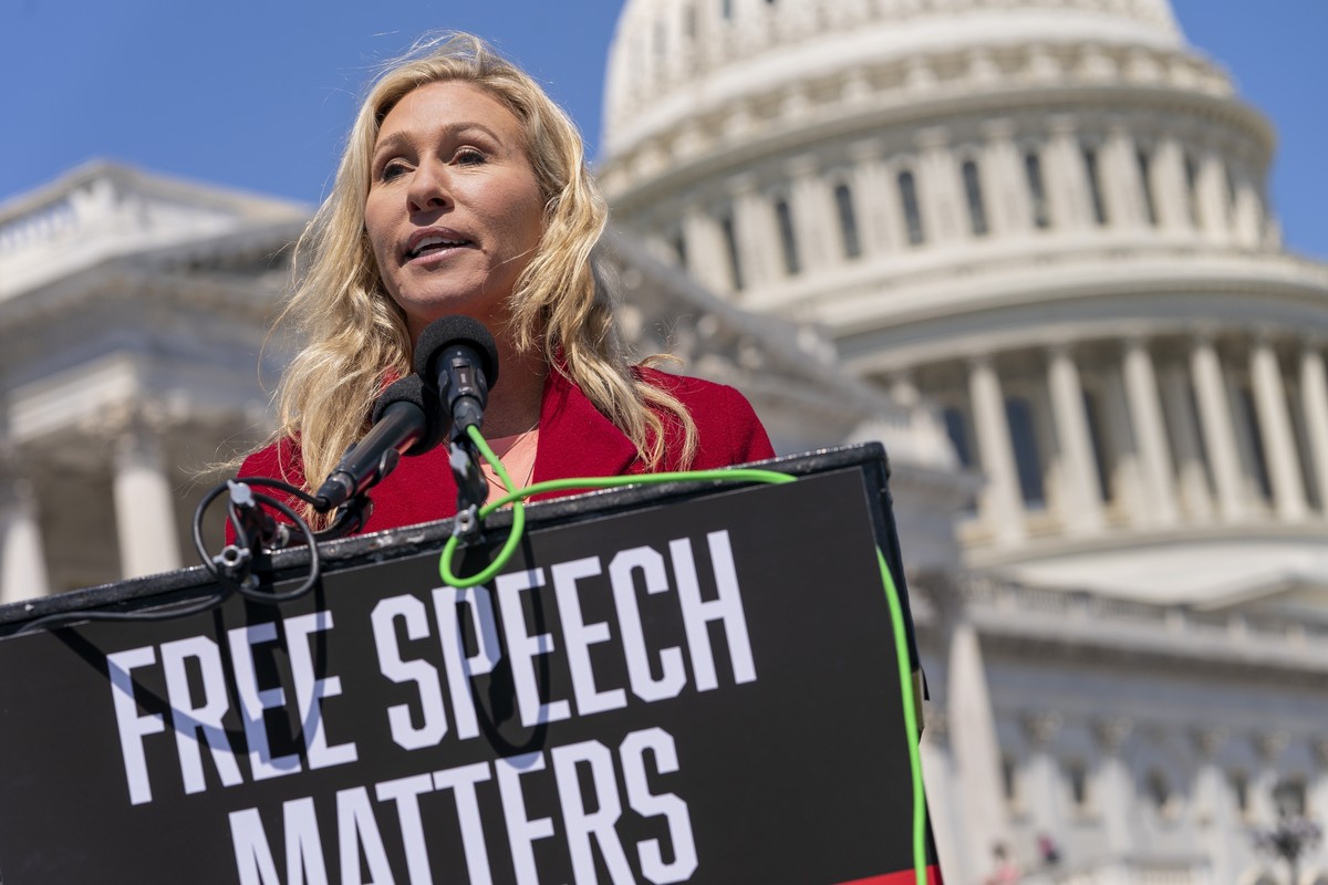 FILE - U.S. Rep. Marjorie Taylor Greene, R-Ga., speaks about Twitter, April 28, 2022, on Capitol Hill in Washington. Once shunned as a political pariah for her extremist rhetoric, the Georgia lawmaker ...