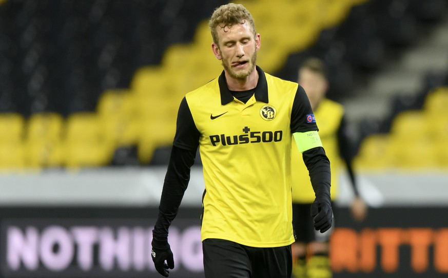 YB&#039;s Fabian Lustenberger reacts during the round of 16, 2nd leg UEFA Europa League match between Switzerland&#039;s BSC Young Boys and Netherland&#039;s Ajax Amsterdam, at the Wankdorf stadium in ...