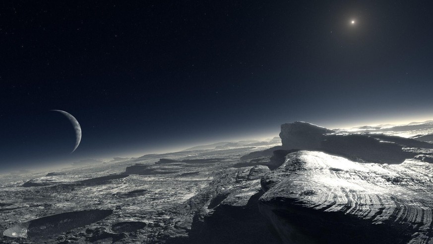 Künstlerische Darstellung der Pluto-Oberfläche mit dem Pluto-Mond Charon (l.) und der kleinen Sonne (r. oben) am Himmel.