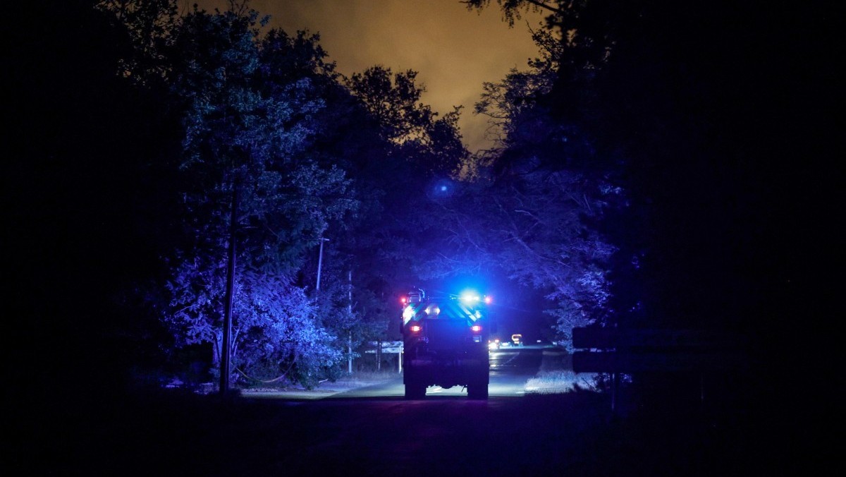 Fire brigade vehicles approach flames rising at the Fontainebleau Forest in Noisy-sur-Ecole, after a forestfire broke out late afternoon on July 12, 2026. Two fire-fighting aircraft have been deployed ...