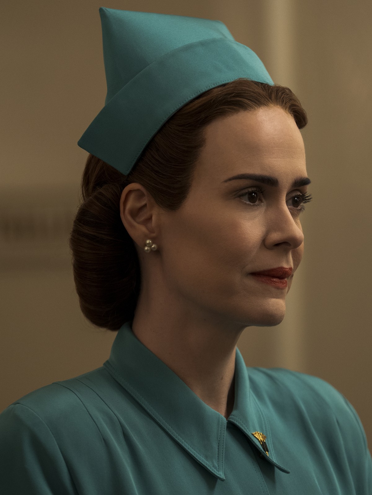 This image released by Netflix shows Sarah Paulson in a scene from "Ratched." Paulson was nominated for a Golden Globe for best actress in a drama for her role in the television series. The  ...