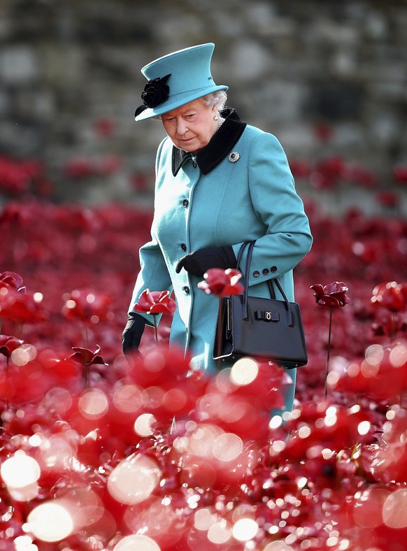 Britain's Queen Elizabeth walks through a field of ceramic poppies that form part of the art installation &quot;Blood Swept Lands and Seas of Red&quot;, at the Tower of London in London October 16, 20 ...