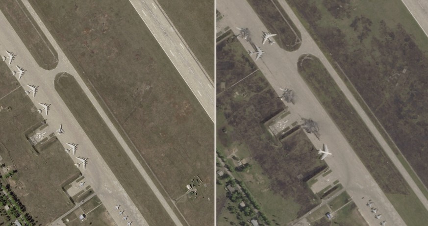 This photo combo from satellite images from Planet Labs PBC shows from left, the Belaya Air Base before a Ukrainian drone attack in the Irkutsk region of eastern Siberia in Russia captured on May 17,  ...