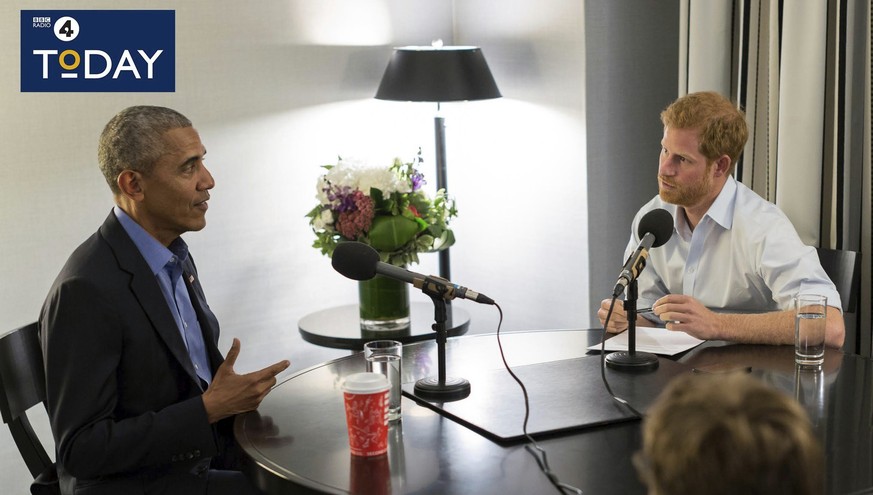 In this undated BBC handout photo made available on Wednesday, Dec. 27, 2017, former President of the United States Barack Obama, left is interviewed by Britain&#039;s Prince Harry for the BBC Radio 4 ...