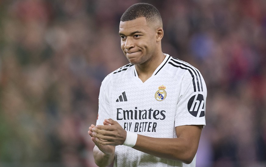 Athletic Club v Real Madrid - LaLiga EA Sports Kylian Mbappe of Real Madrid CF reacts during the LaLiga EA Sports match between Athletic Club and Real Madrid at San Mames on December 4, 2024, in Bilba ...