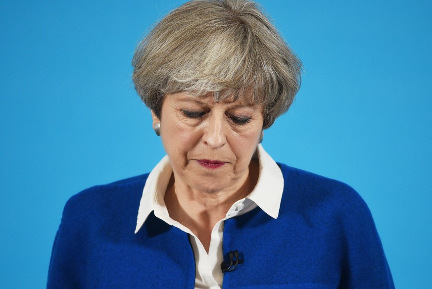 epa05999479 Britain&#039;s Prime Minister, Theresa May speaks to supporters at the Grand Station during the election campaign battle bus tour of the United Kingdom in Wolverhampton, Britain, 30 May 20 ...