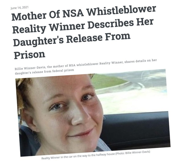 Die NSA-Whistleblowerin Reality Winner wurde laut Bericht bereits am 2. Juni aus dem Bundesgefängnis entlassen und soll sich nun «in häuslicher Haft» befinden.
