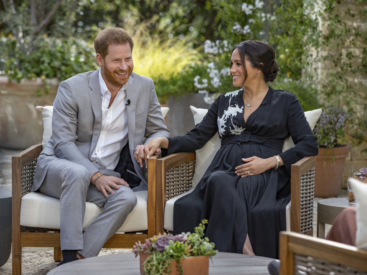 This image provided by Harpo Productions shows Prince Harry, left, and Meghan, Duchess of Sussex, speaking about expecting their second child during an interview with Oprah Winfrey. "Oprah with M ...