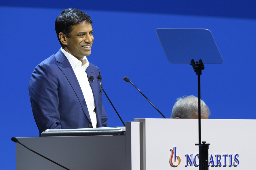 epa06574152 Vas Narasimhan, CEO Novartis speaks during the general assembly of Swiss Pharma group Novartis, at the St. Jakobshalle in Basel, Switzerland, 02 March 2018. Novartis is a global healthcare ...